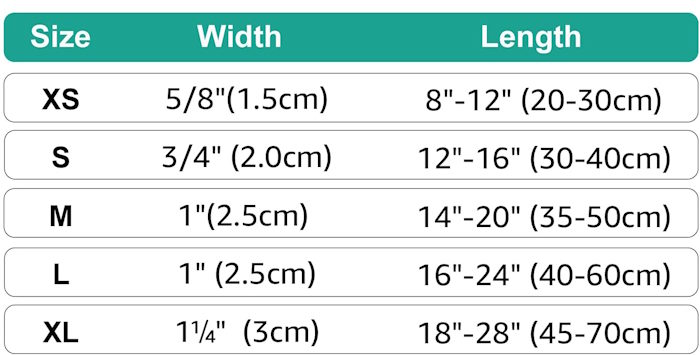 A chart showing various sizes of dog collars